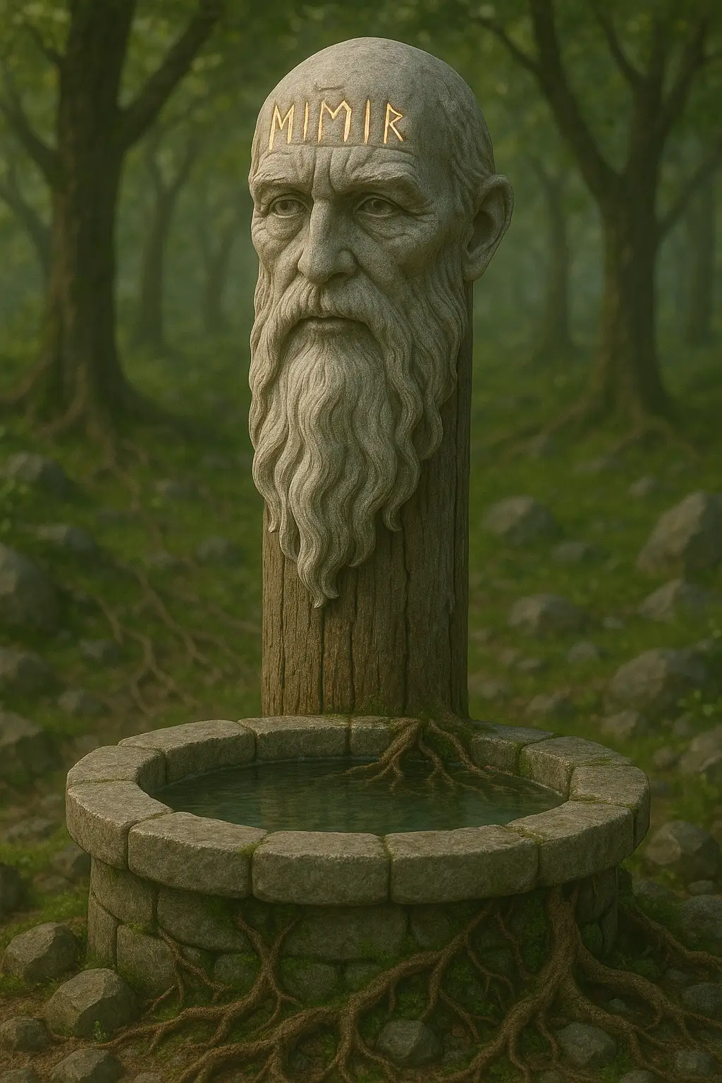 Mimir’s silent face above the forest well, keeper of wisdom and memory.